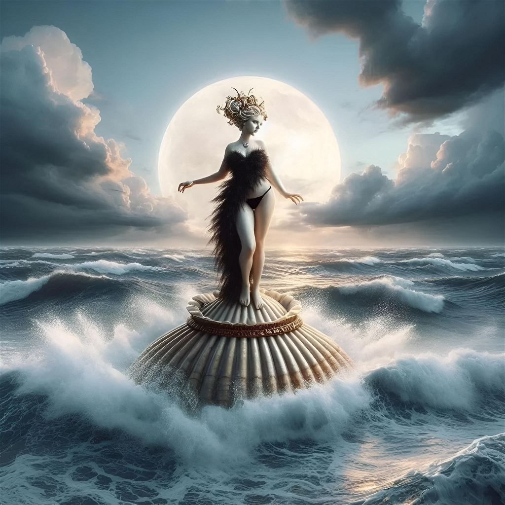 The beautiful and imposing goddess Venus dressed in furs standing on a seashell floating on the middle of the ocean during a hurricane.